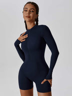Sculpting Long-Sleeve Biker Romper - High-Performance Active One-Piece