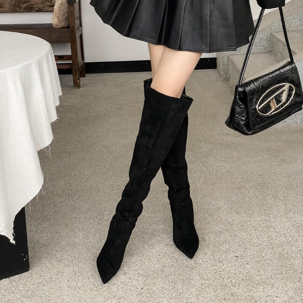 Chic Suede Stiletto Slouch Boots - Trendy Pointed-Toe Style