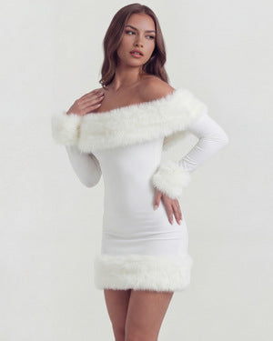 Winter Muse Faux Fur Mini Dress - Glamorous Off-Shoulder Party Look