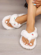Cherry Embroidery Fuzzy Open-Toe Slippers for Women, Criss-Cross Strap Design, Non-Slip Soft Sole, Casual Home & Outdoor Wear for Fall & Winter