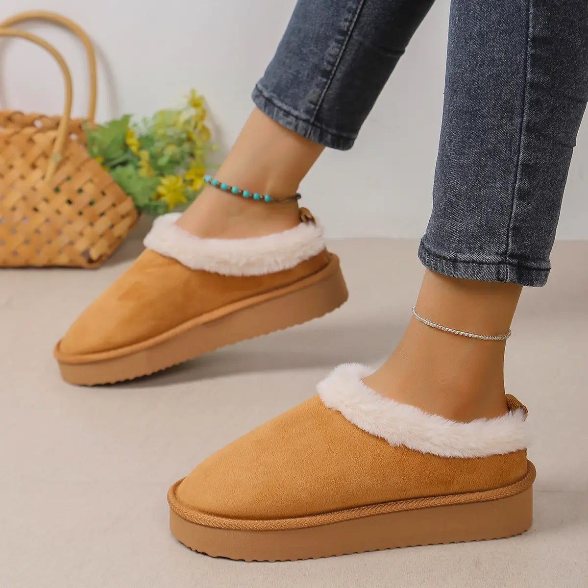 Slippers for Women, Elegant 3D Fluffy Ankle Booties with Warm Plush Lining, Cushioned Indoor House Shoes with Non-Slip Thick EVA Sole, House Slippers, Closed Toe, Walking Shoes