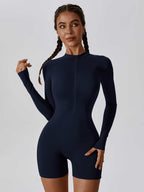 Sculpting Long-Sleeve Biker Romper - High-Performance Active One-Piece