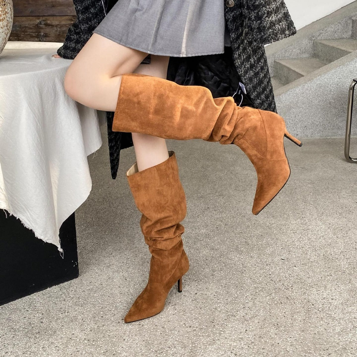 Chic Suede Stiletto Slouch Boots - Trendy Pointed-Toe Style