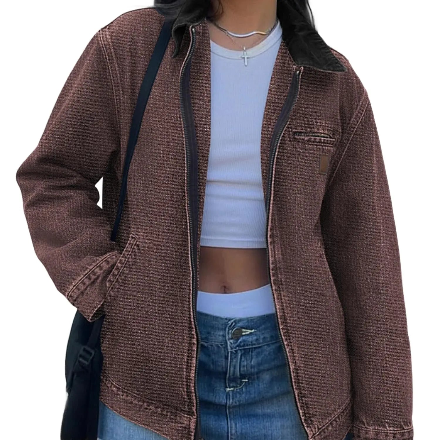 Emmiol【Back to School】Barn Jean Jacket for Women Zipper 2026 Clean Fit Long Sleeve Denim Jackets