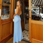 Serene Sky Halter Maxi Dress - Draped Cowl Neck Glamour