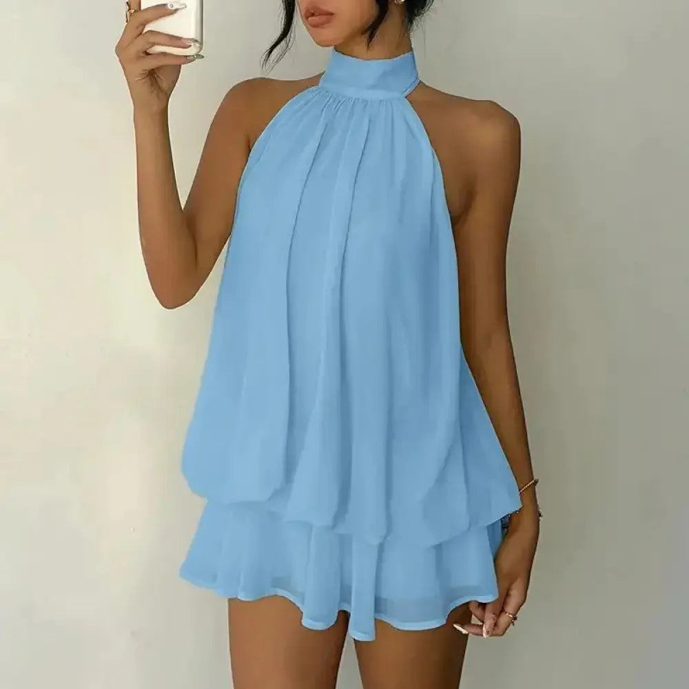 Chic Halter Neck Mini Dress for Women, Solid Yellow Chiffon Sleeveless Summer Going Out Outfit for Wedding Guest, Wedding Guest Dress, Ocean, Wedding Dresses Guest