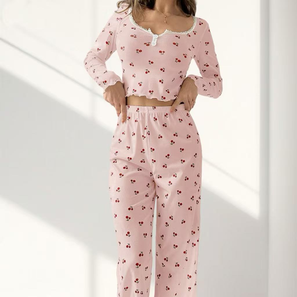 Vintage Cherry Ribbed Pajama Set - Cozy Two-Piece Loungewear