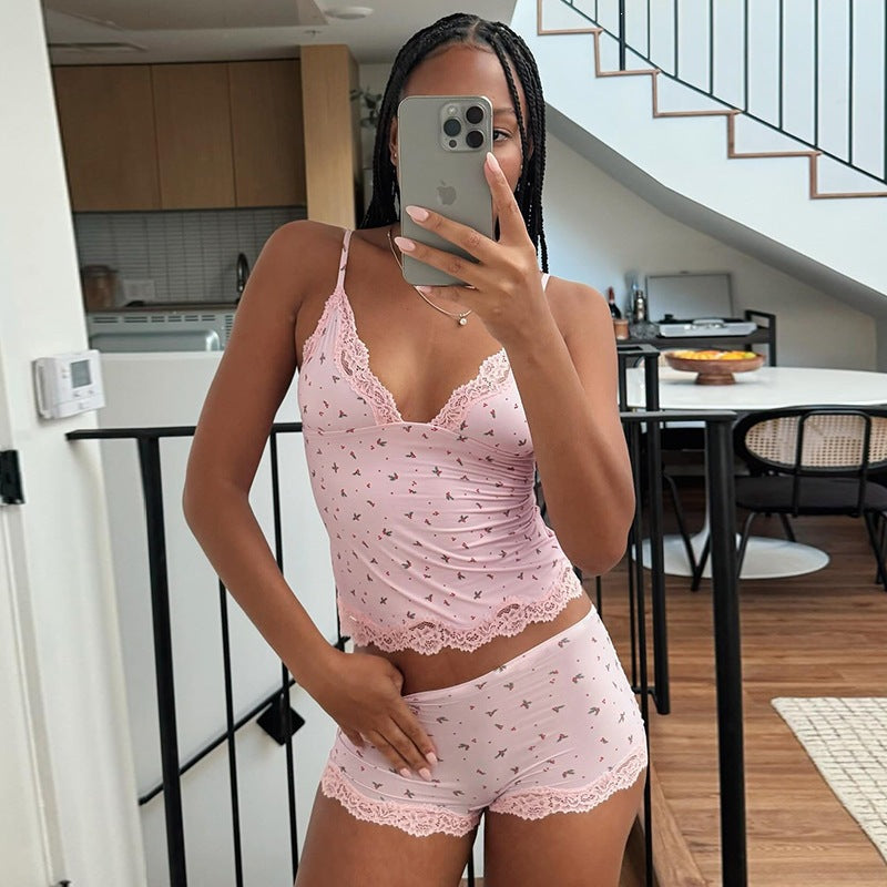 Floral Lace Trim Cami & Short Set - Sweet Vintage Loungewear