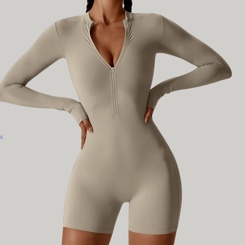 Sculpting Long-Sleeve Biker Romper - High-Performance Active One-Piece