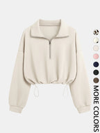Women'S Half-Zip Stand Collar Drawstring Cropped Short Sweatshirt, Spring & Fall Casual Fashion, Comfortable and Stylish