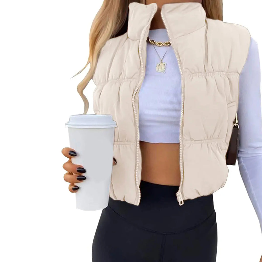 Yeokou Women'S Beige Collared Cropped Puffer Vest - Full Zip, Sleeveless, Warm Padded, Minimalist Basic Tops for Casual Autumn Wear