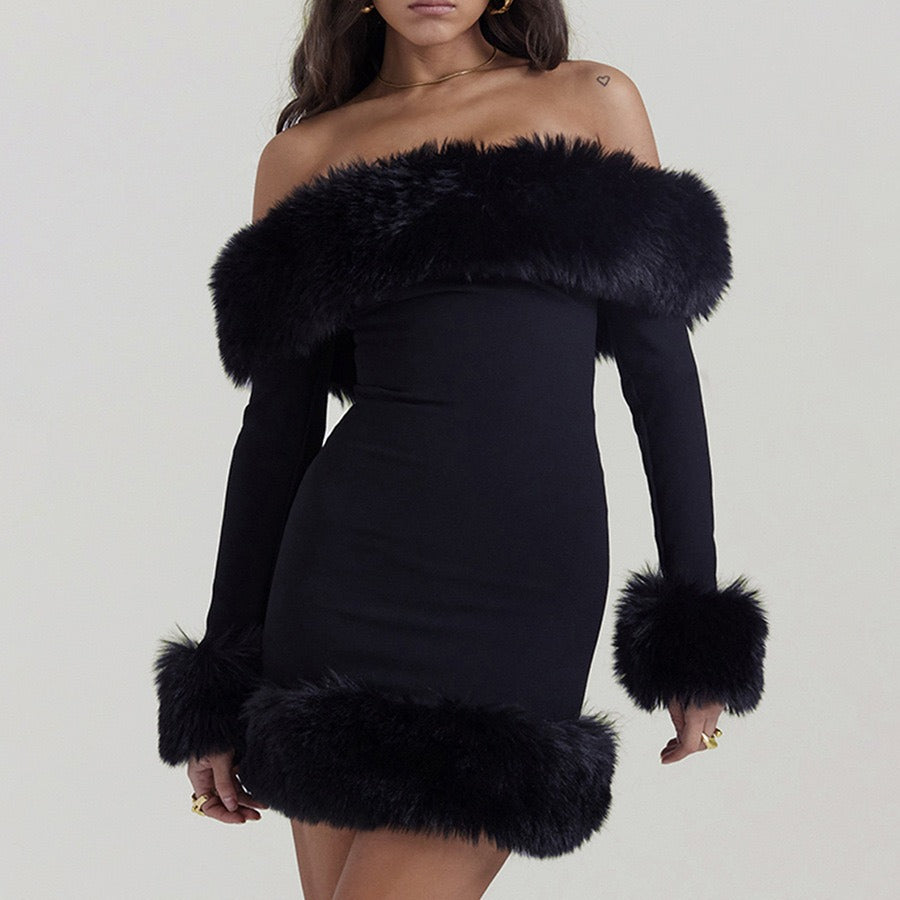 Winter Muse Faux Fur Mini Dress - Glamorous Off-Shoulder Party Look
