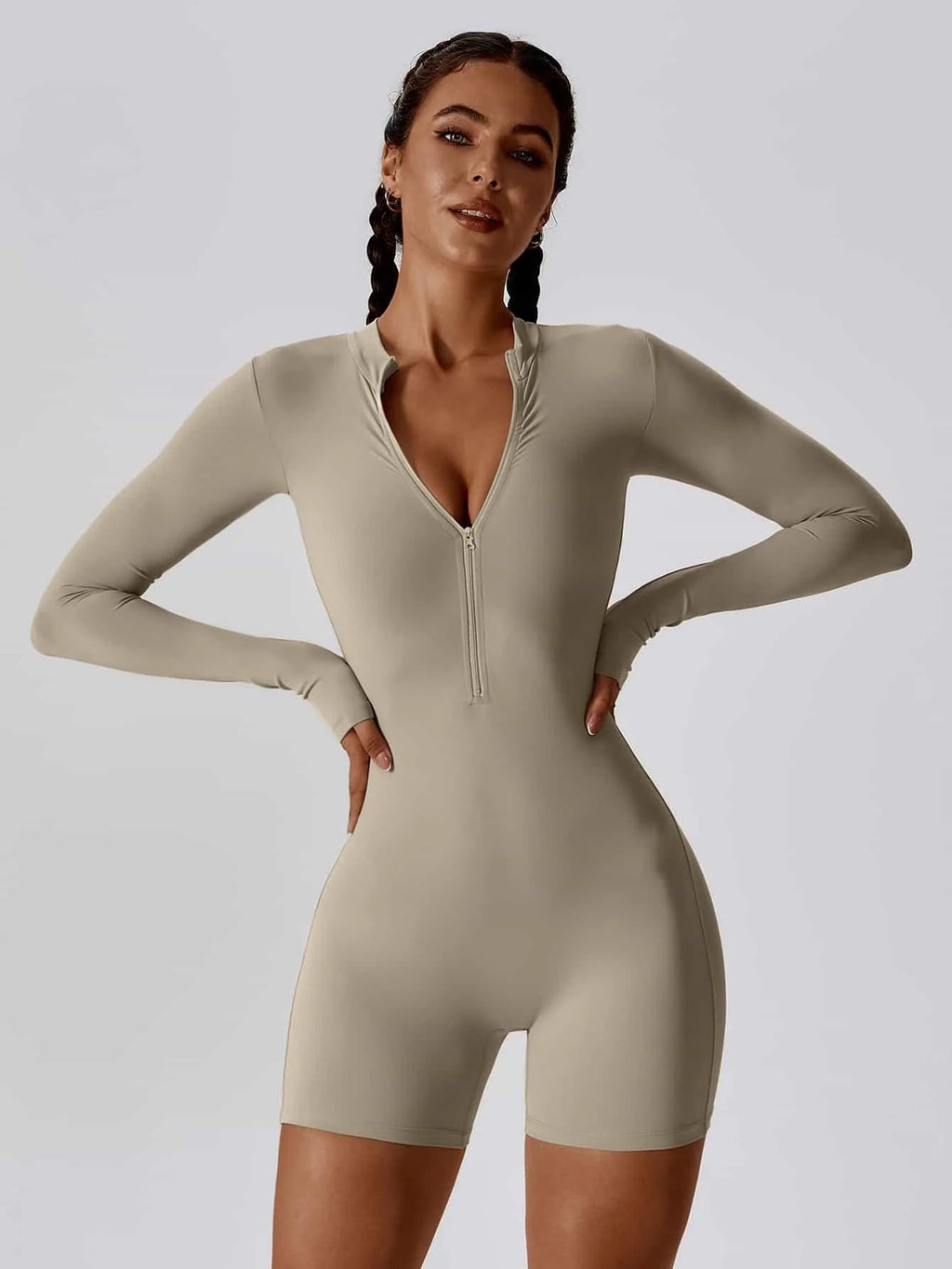 Sculpting Long-Sleeve Biker Romper - High-Performance Active One-Piece