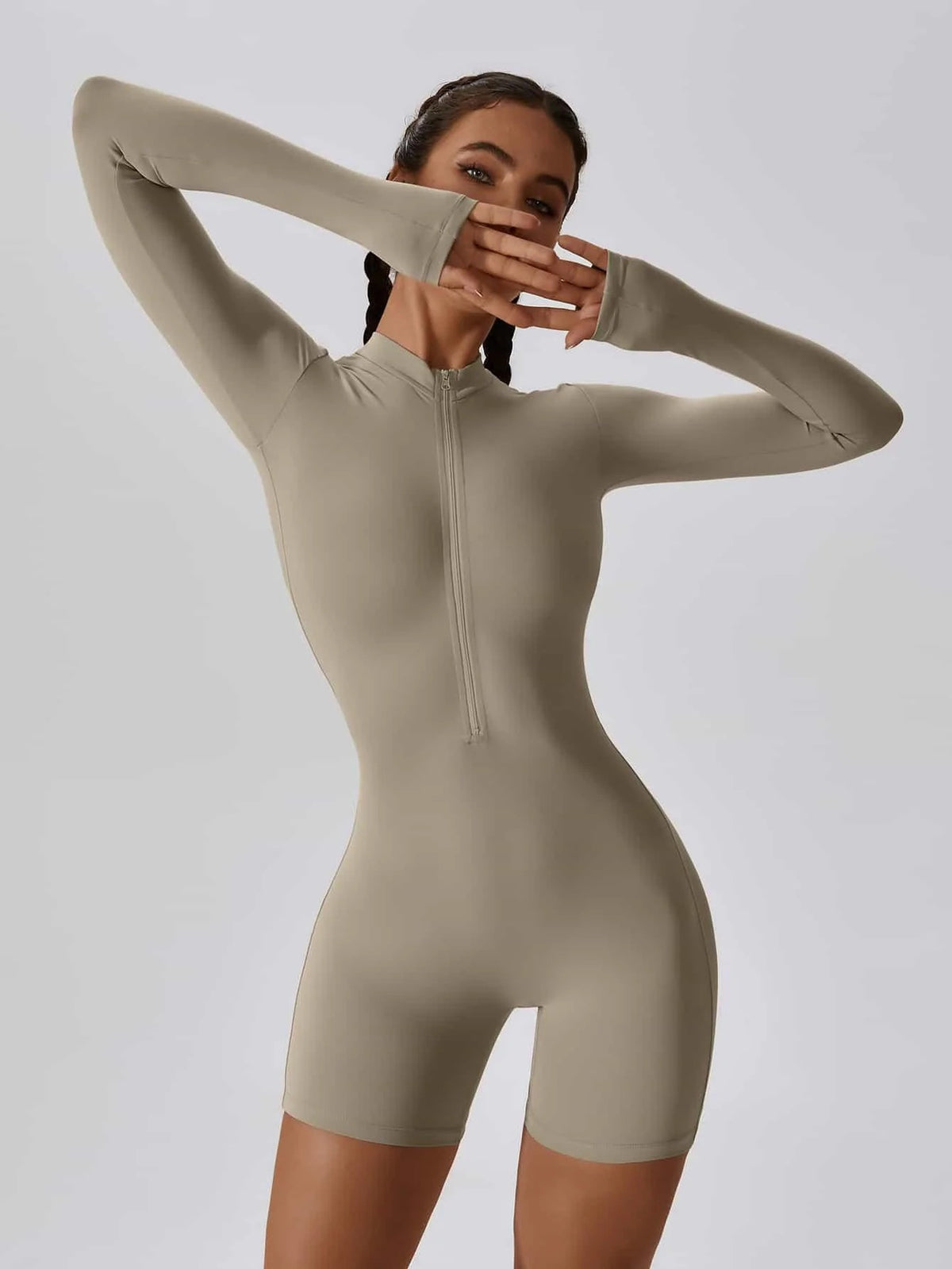 Sculpting Long-Sleeve Biker Romper - High-Performance Active One-Piece