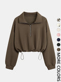 Women'S Half-Zip Stand Collar Drawstring Cropped Short Sweatshirt, Spring & Fall Casual Fashion, Comfortable and Stylish