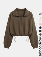 Women'S Half-Zip Stand Collar Drawstring Cropped Short Sweatshirt, Spring & Fall Casual Fashion, Comfortable and Stylish