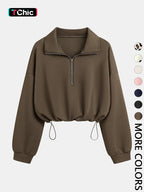 Women'S Half-Zip Stand Collar Drawstring Cropped Short Sweatshirt, Spring & Fall Casual Fashion, Comfortable and Stylish
