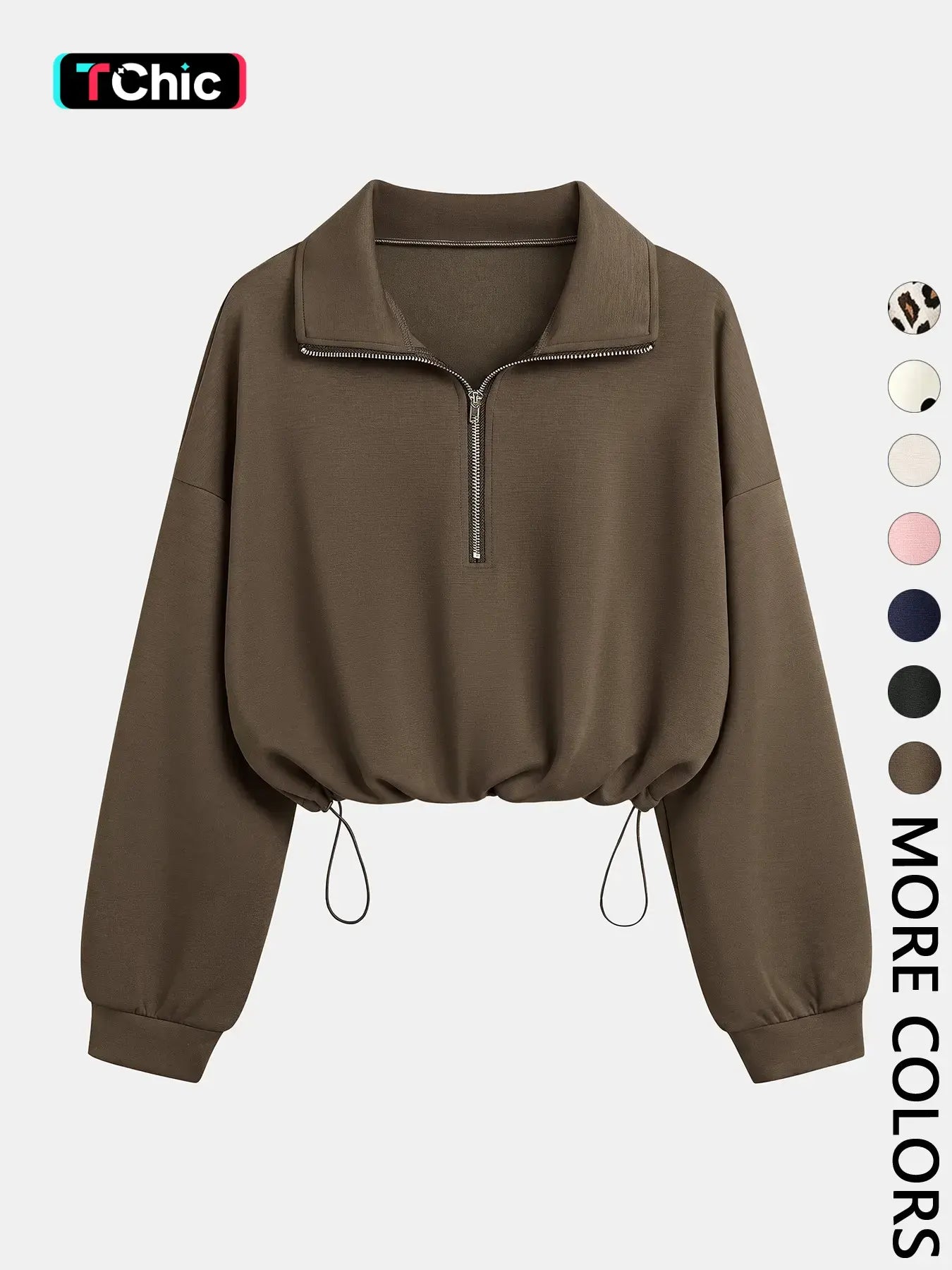 Women'S Half-Zip Stand Collar Drawstring Cropped Short Sweatshirt, Spring & Fall Casual Fashion, Comfortable and Stylish