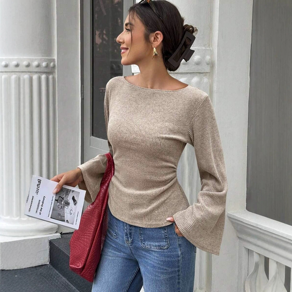 : The Studio Ribbed Boatneck Top with Statement Bell Sleeves