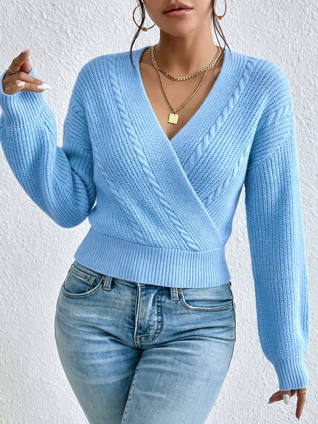 The Aspen Cable-Trim Crossover Wrap Sweater