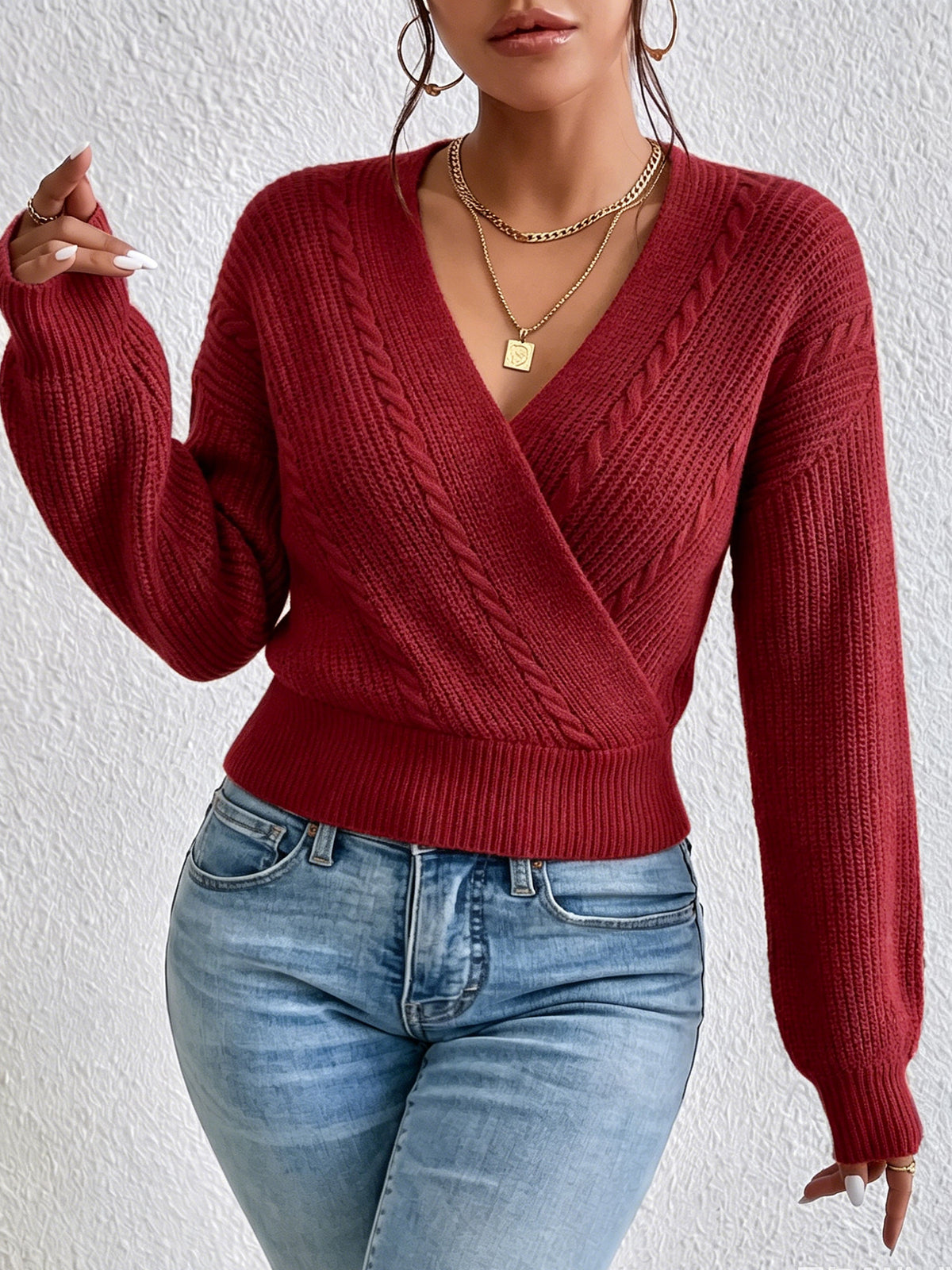 The Aspen Cable-Trim Crossover Wrap Sweater