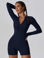 Sculpting Long-Sleeve Biker Romper - High-Performance Active One-Piece