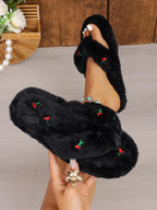 Cherry Embroidery Fuzzy Open-Toe Slippers for Women, Criss-Cross Strap Design, Non-Slip Soft Sole, Casual Home & Outdoor Wear for Fall & Winter