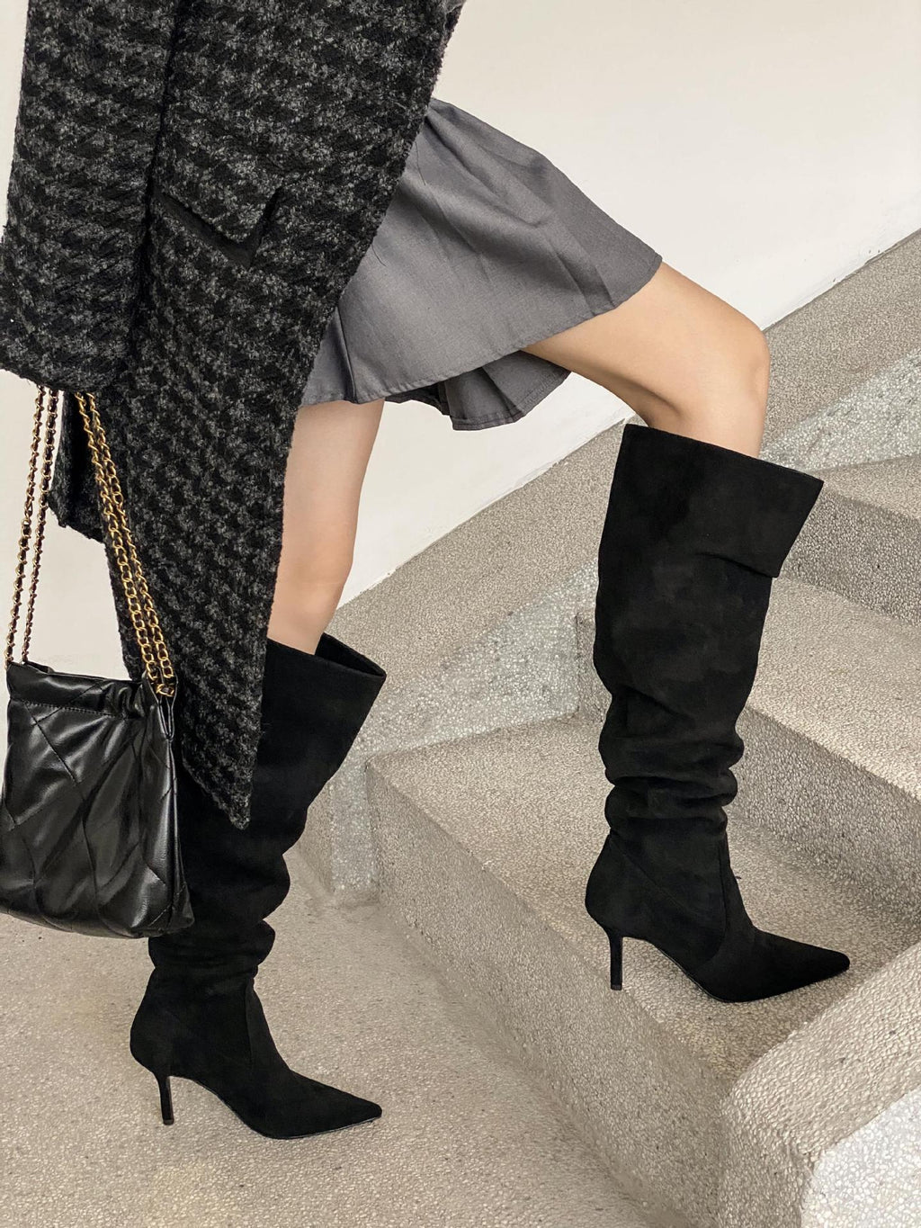 Chic Suede Stiletto Slouch Boots - Trendy Pointed-Toe Style