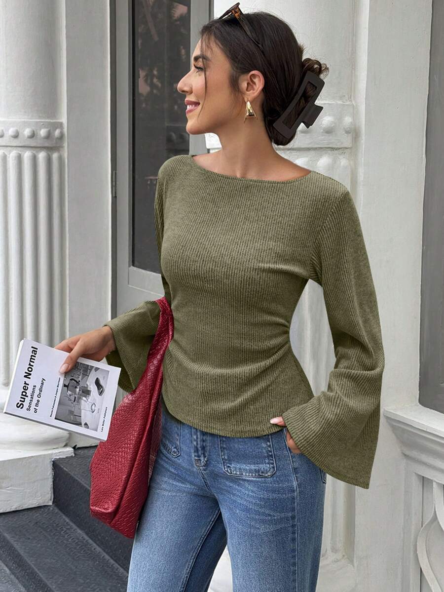 : The Studio Ribbed Boatneck Top with Statement Bell Sleeves