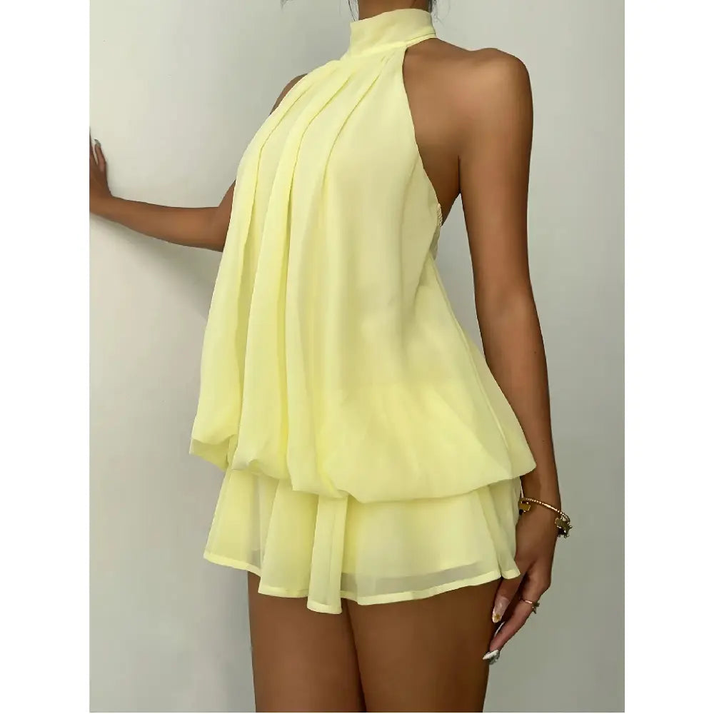 Chic Halter Neck Mini Dress for Women, Solid Yellow Chiffon Sleeveless Summer Going Out Outfit for Wedding Guest, Wedding Guest Dress, Ocean, Wedding Dresses Guest