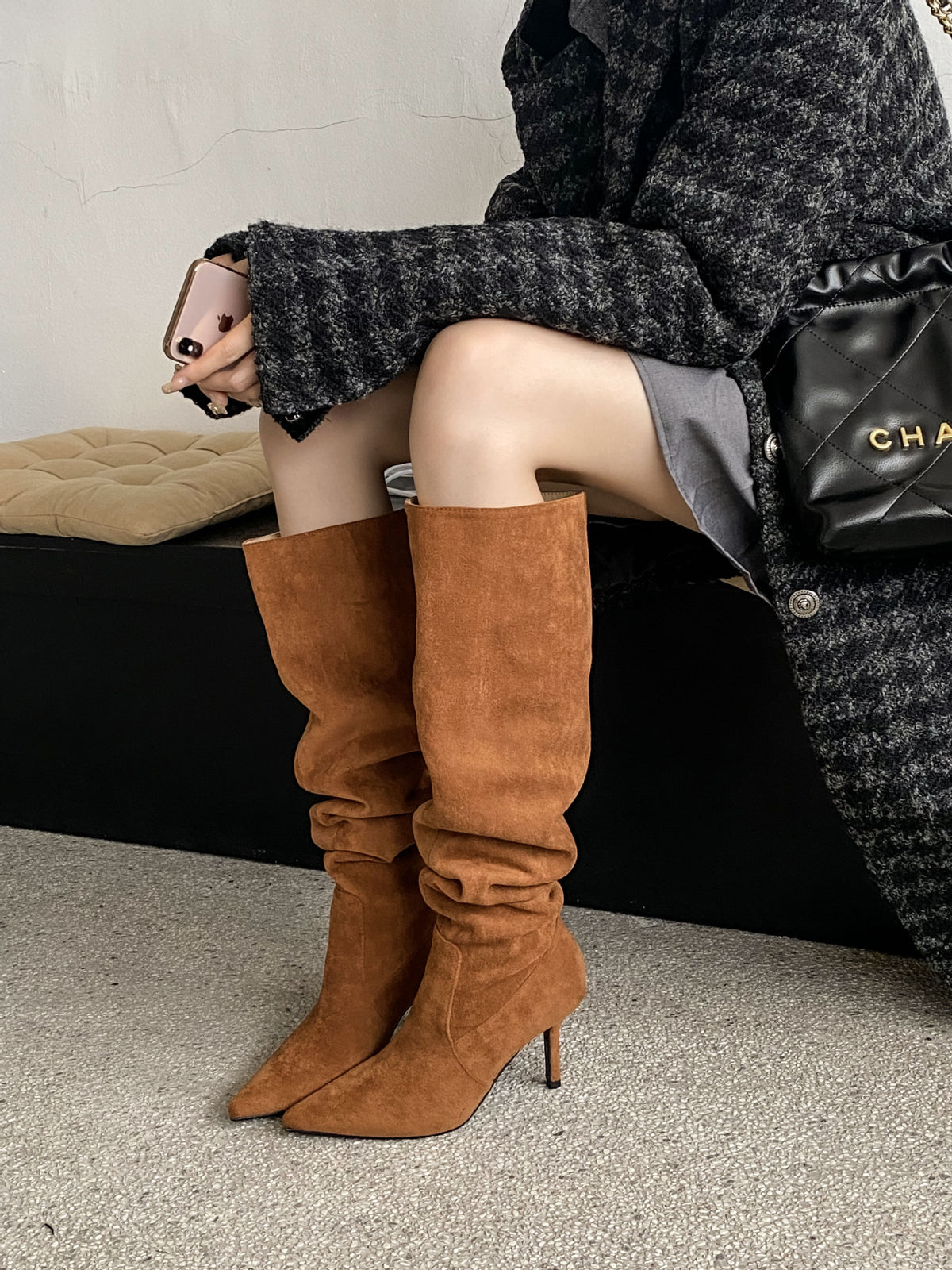Chic Suede Stiletto Slouch Boots - Trendy Pointed-Toe Style