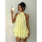 Chic Halter Neck Mini Dress for Women, Solid Yellow Chiffon Sleeveless Summer Going Out Outfit for Wedding Guest, Wedding Guest Dress, Ocean, Wedding Dresses Guest