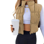 Yeokou Women'S Beige Collared Cropped Puffer Vest - Full Zip, Sleeveless, Warm Padded, Minimalist Basic Tops for Casual Autumn Wear