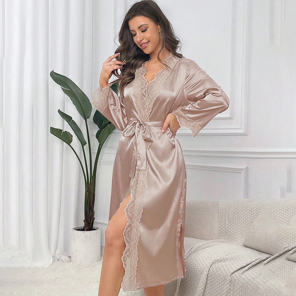 Ethereal Lace Satin Robe Set - Luxurious Evening Loungewear