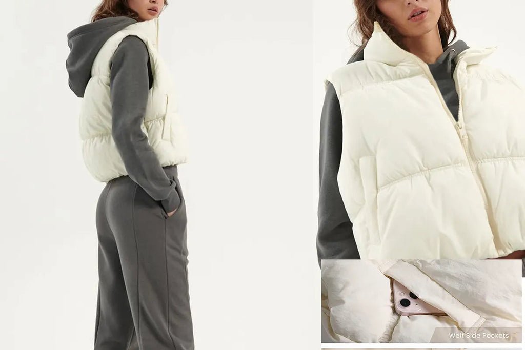 Yeokou Women'S Beige Collared Cropped Puffer Vest - Full Zip, Sleeveless, Warm Padded, Minimalist Basic Tops for Casual Autumn Wear