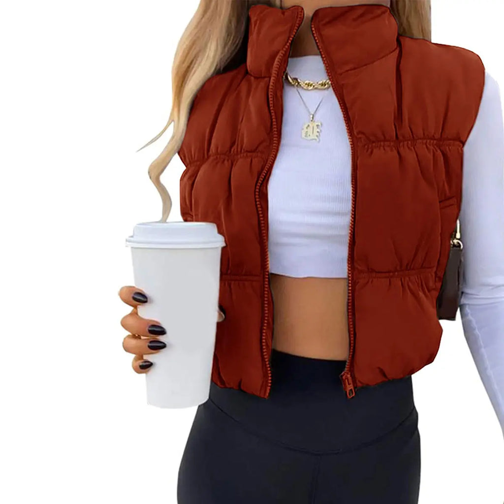 Yeokou Women'S Beige Collared Cropped Puffer Vest - Full Zip, Sleeveless, Warm Padded, Minimalist Basic Tops for Casual Autumn Wear