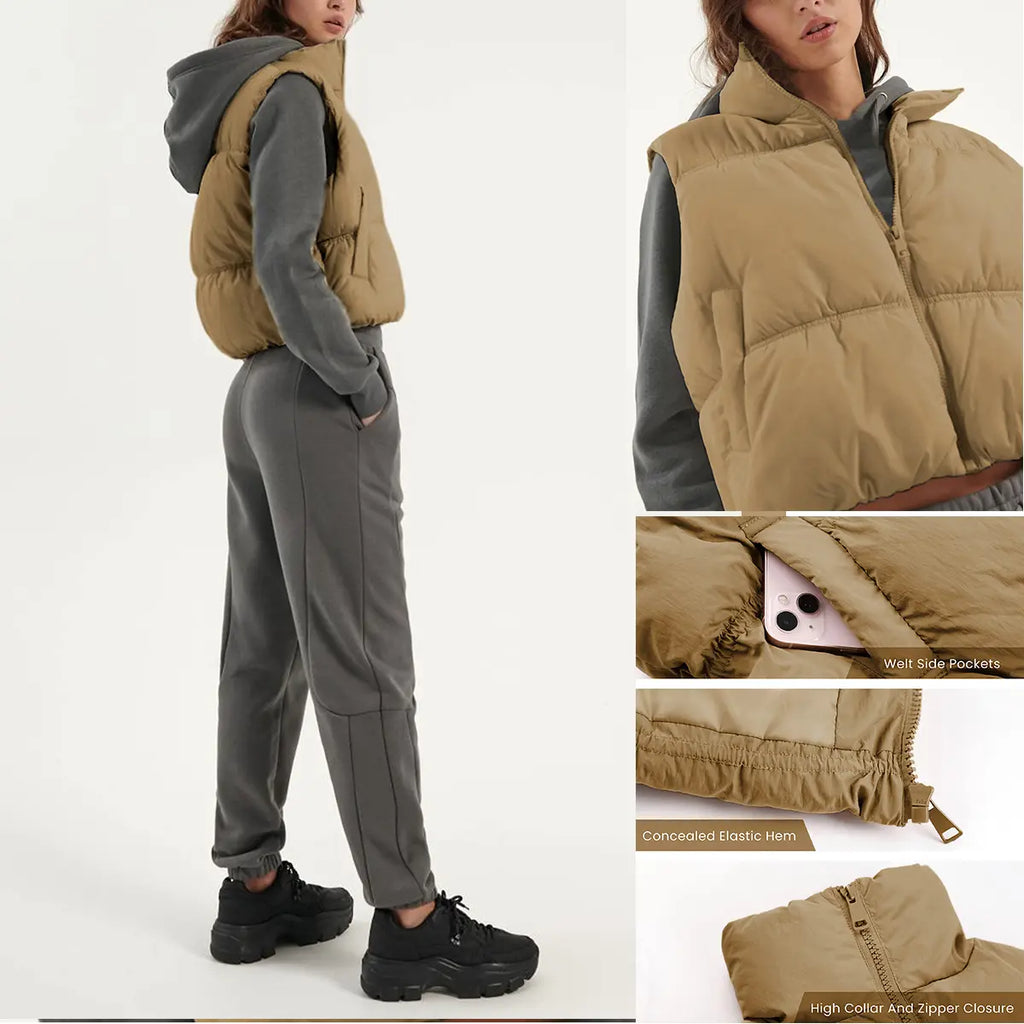 Yeokou Women'S Beige Collared Cropped Puffer Vest - Full Zip, Sleeveless, Warm Padded, Minimalist Basic Tops for Casual Autumn Wear