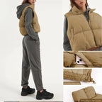 Yeokou Women'S Beige Collared Cropped Puffer Vest - Full Zip, Sleeveless, Warm Padded, Minimalist Basic Tops for Casual Autumn Wear