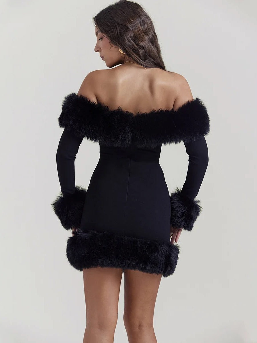 Winter Muse Faux Fur Mini Dress - Glamorous Off-Shoulder Party Look