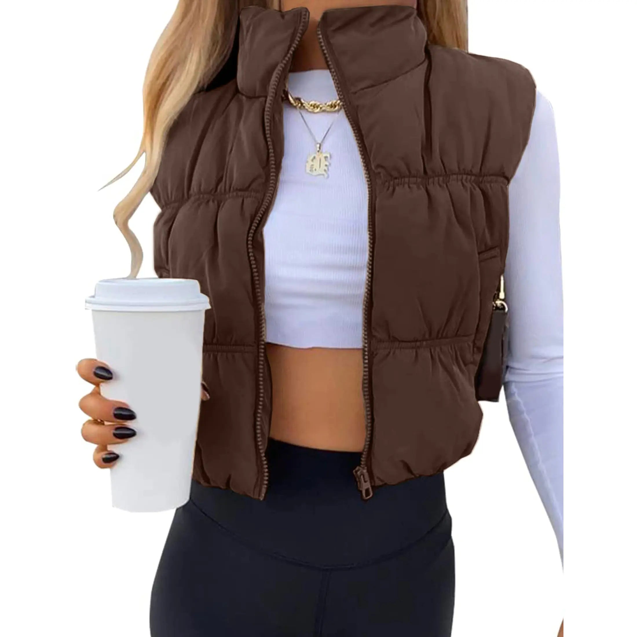 Yeokou Women'S Beige Collared Cropped Puffer Vest - Full Zip, Sleeveless, Warm Padded, Minimalist Basic Tops for Casual Autumn Wear
