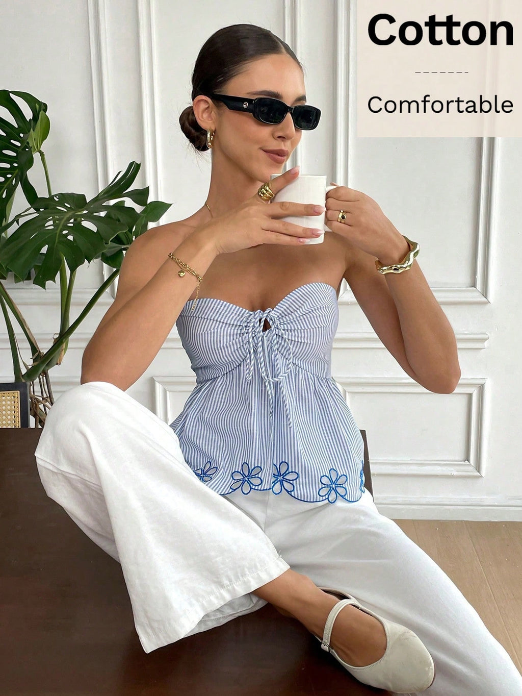 The Amalfi Striped Strapless Peplum Top with Floral Scallop Trim