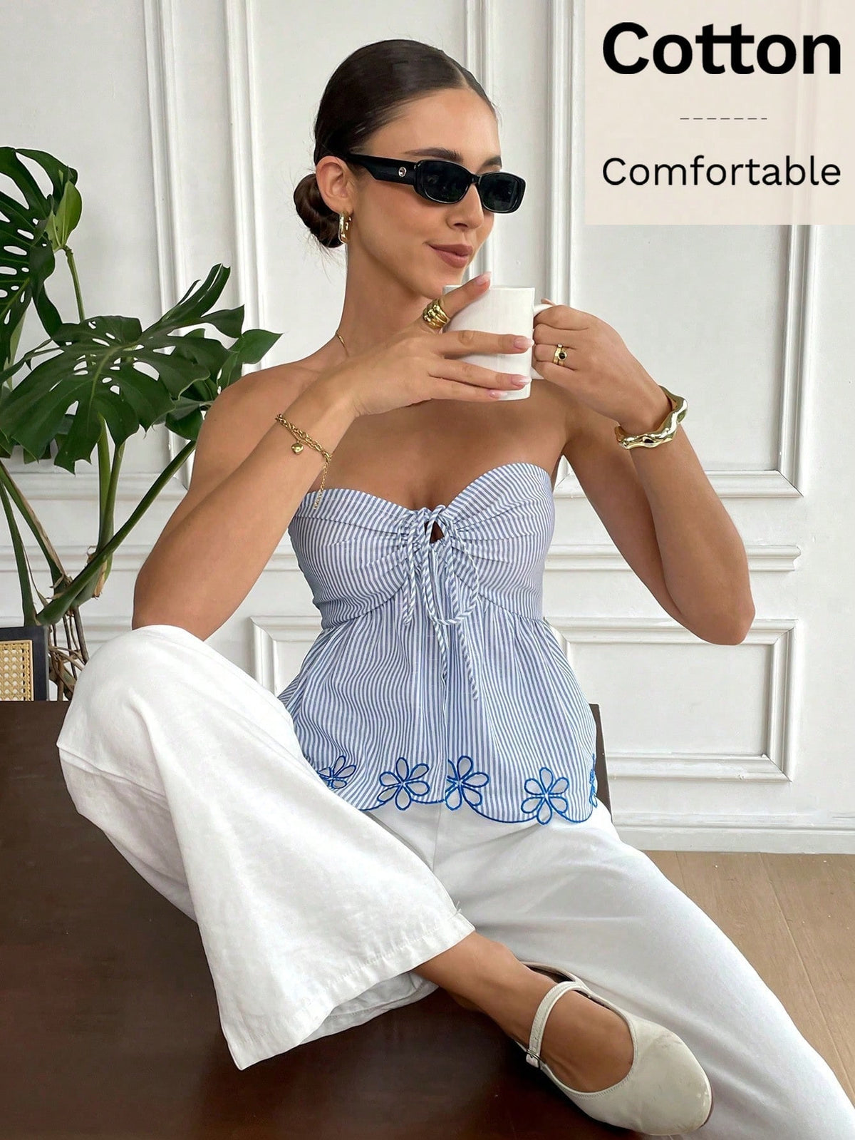The Amalfi Striped Strapless Peplum Top with Floral Scallop Trim