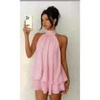 Chic Halter Neck Mini Dress for Women, Solid Yellow Chiffon Sleeveless Summer Going Out Outfit for Wedding Guest, Wedding Guest Dress, Ocean, Wedding Dresses Guest
