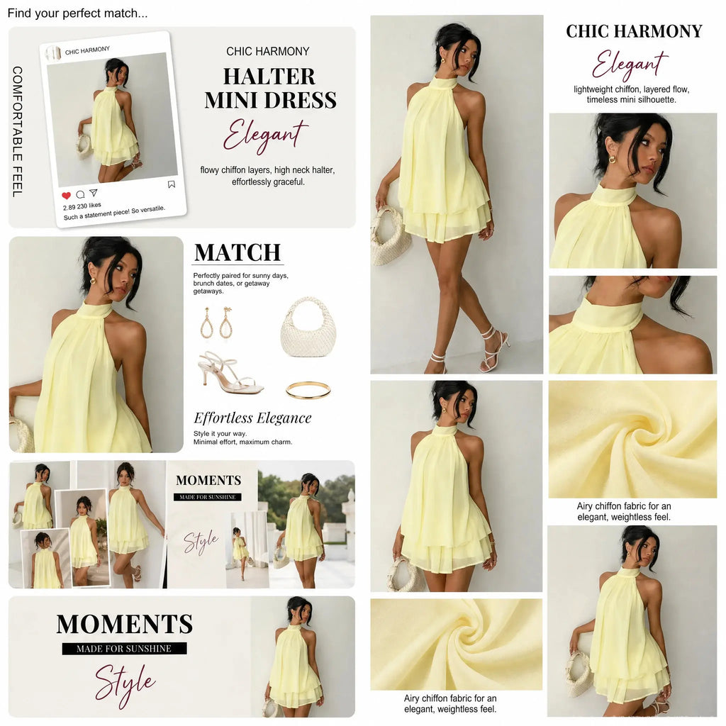 Chic Halter Neck Mini Dress for Women, Solid Yellow Chiffon Sleeveless Summer Going Out Outfit for Wedding Guest, Wedding Guest Dress, Ocean, Wedding Dresses Guest