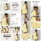 Chic Halter Neck Mini Dress for Women, Solid Yellow Chiffon Sleeveless Summer Going Out Outfit for Wedding Guest, Wedding Guest Dress, Ocean, Wedding Dresses Guest