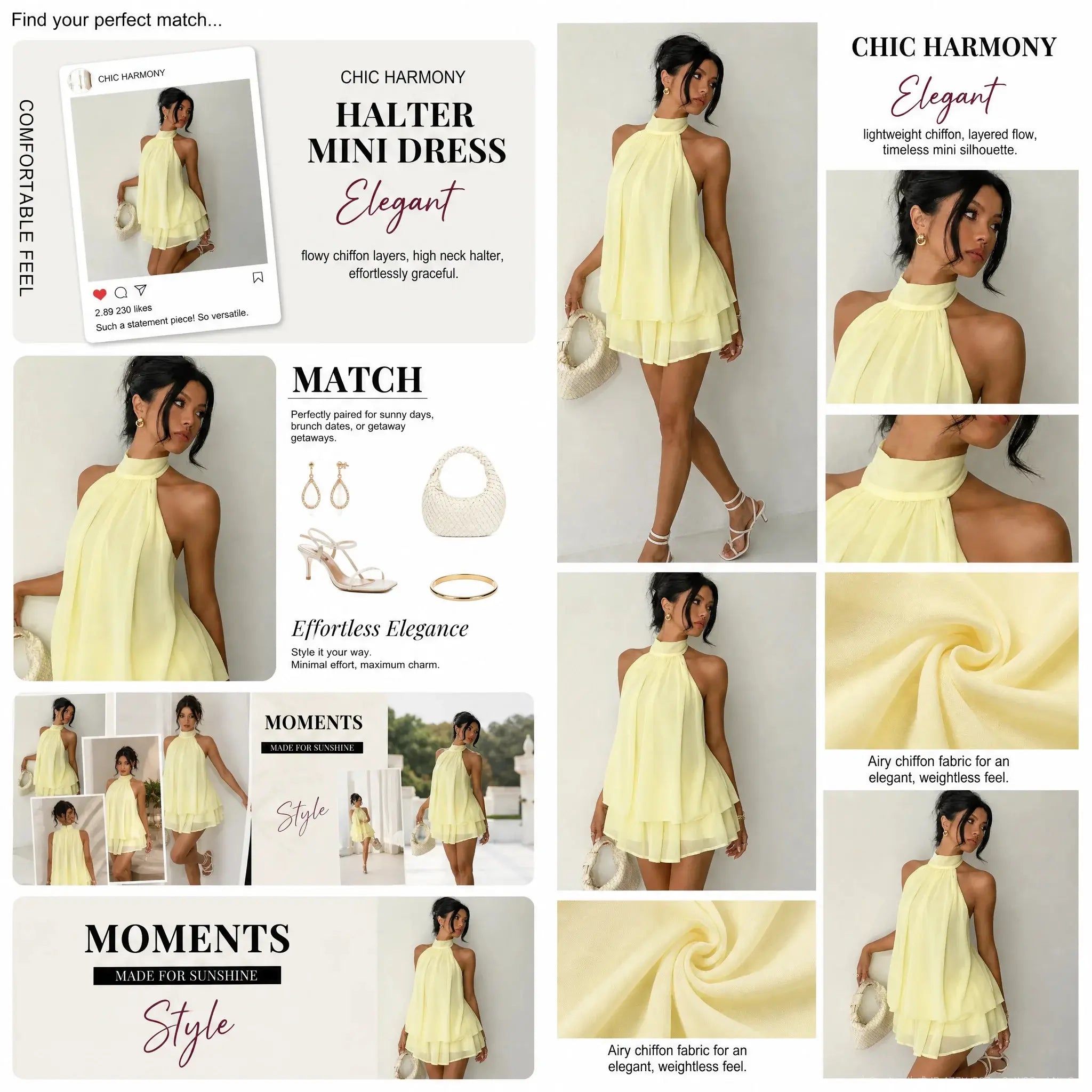 Chic Halter Neck Mini Dress for Women, Solid Yellow Chiffon Sleeveless Summer Going Out Outfit for Wedding Guest, Wedding Guest Dress, Ocean, Wedding Dresses Guest