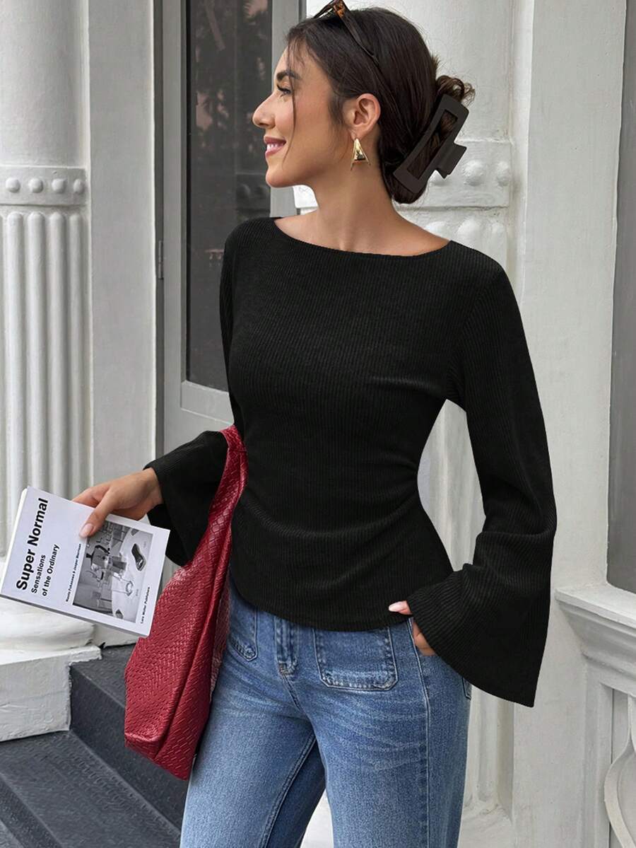 : The Studio Ribbed Boatneck Top with Statement Bell Sleeves
