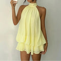 Chic Halter Neck Mini Dress for Women, Solid Yellow Chiffon Sleeveless Summer Going Out Outfit for Wedding Guest, Wedding Guest Dress, Ocean, Wedding Dresses Guest