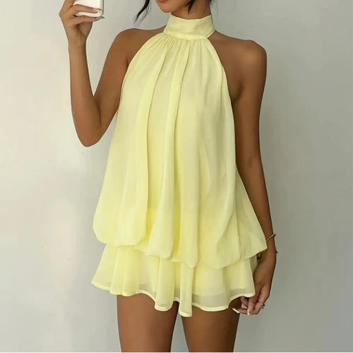 Chic Halter Neck Mini Dress for Women, Solid Yellow Chiffon Sleeveless Summer Going Out Outfit for Wedding Guest, Wedding Guest Dress, Ocean, Wedding Dresses Guest