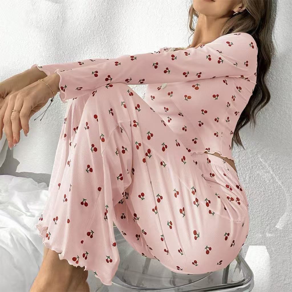 Vintage Cherry Ribbed Pajama Set - Cozy Two-Piece Loungewear